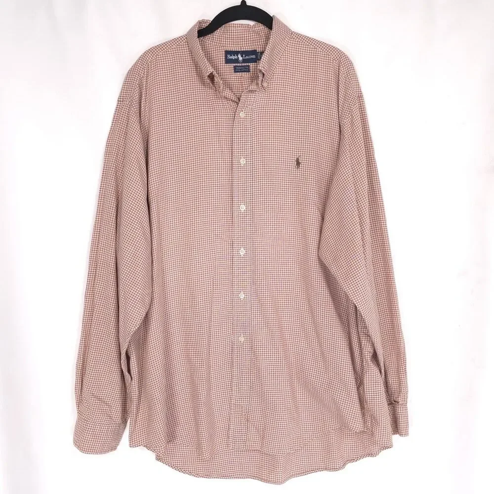 RALPH LAUREN Vintage HONG KONG Yarmouth‎ Cotton Check Tan Brown Shirt MEDIUM